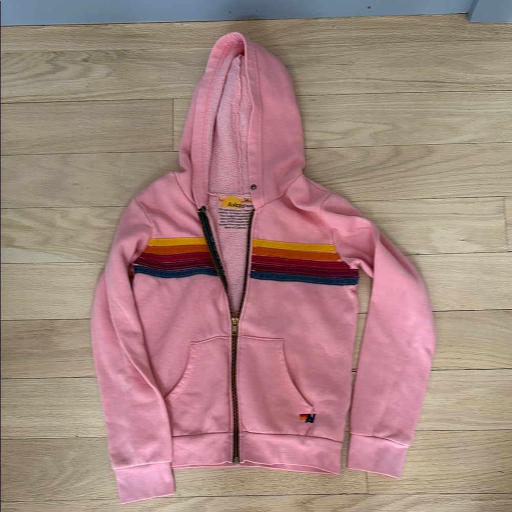 Aviator Nation Pink Hoodie with Rainbow Stripes